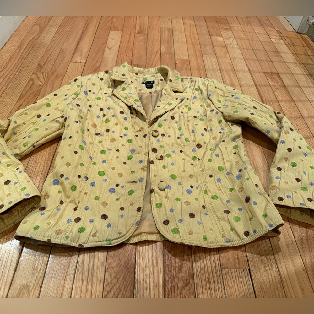 Chic Yellow Tan Green Blue Polka Dot Blazer fabric buttons - Picture 3 of 8